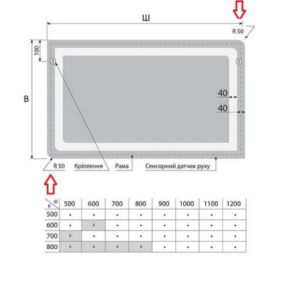Дзеркало прямокутне з LED підсвічуванням VERTO BLISS у розмірі 50*50см та під замовлення
