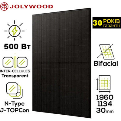 Купити сонячну панель JOLYWOOD JW-HD108N-R2-500W bifacial all black потужністю 500Вт для сонячної електростанції у нашому інтернет магазині sanevv.com.ua