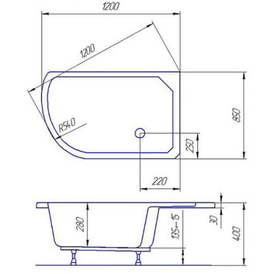 Акриловий душовий піддон глибокий CARAPELLE 1200x850